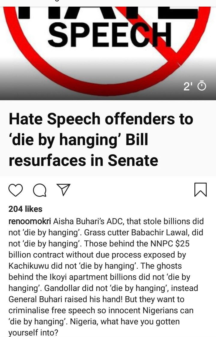 Reno Omokri's reaction to "Hate Speech'' bill.
